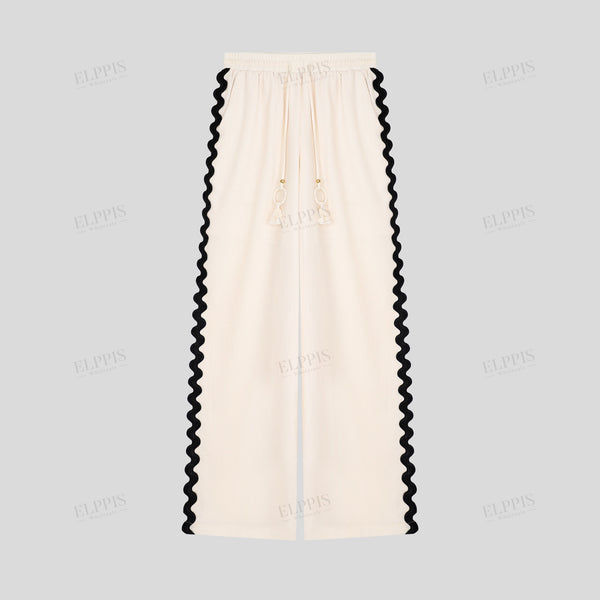 Vacation style rayon color-block lace elastic waist straight-leg trousers