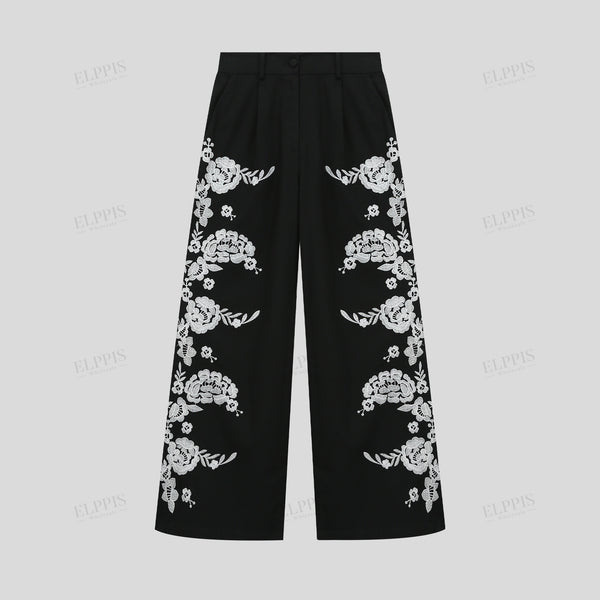 Color-block embroidered H-line cotton-linen pants