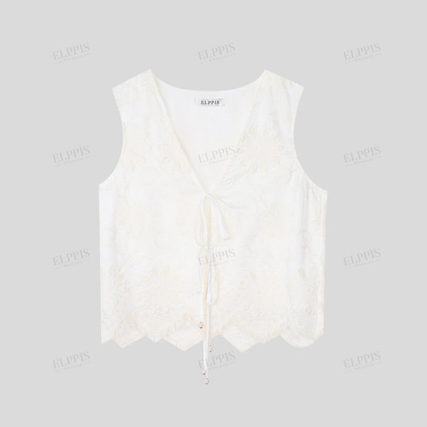 3D embroidered fabric with wavy edge open-front tie vest