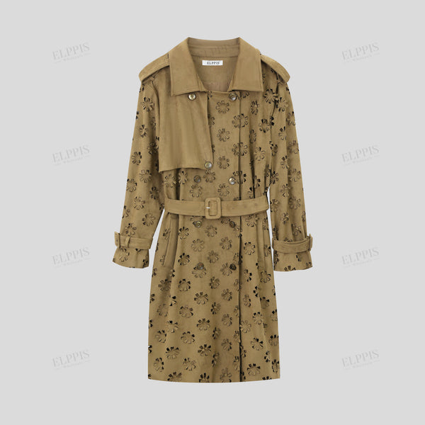 Suede hollow-out three-dimensional burn-out technique loose straight-cut mid-length long sleeve trench coat