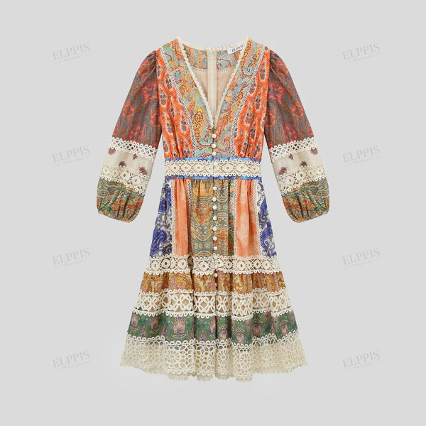 Printed patchwork lace V-neck three-quarter sleeve dress