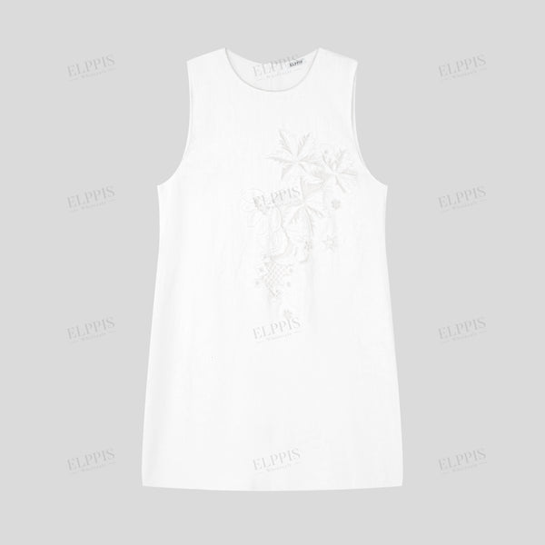 Pure Linen Heavy-Duty Monochrome Beaded Hollow-Out Round Neck A-Line Tank Dress