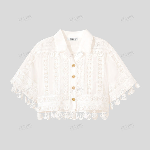 Cutout patchwork lace trim short sleeve cropped top with tassels