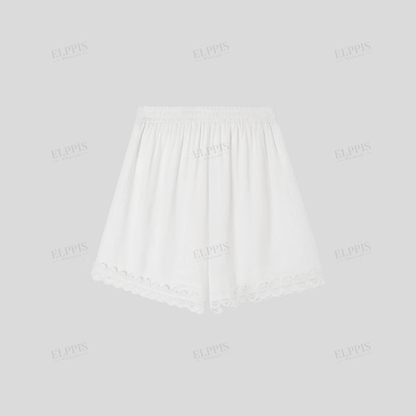 Patchwork lace A-line cotton-linen shorts