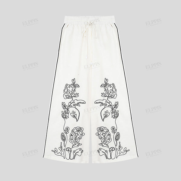 White Mid-Waist 3D Cord Embroidery Color-Blocked Frill Trousers