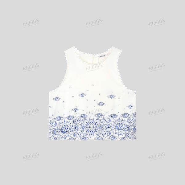 Round Neck Sleeveless Romantic Print Crop Top