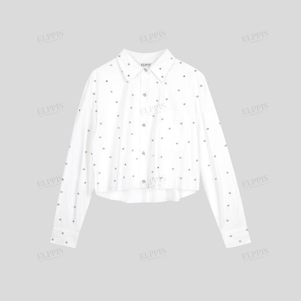 Handcrafted studded straight H-line cropped long sleeve shirt