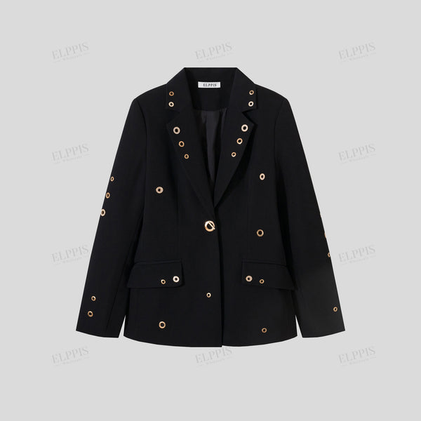 Exquisite rhinestone metal eyelet decorated minimalist waist-cinched X-line long sleeve blazer