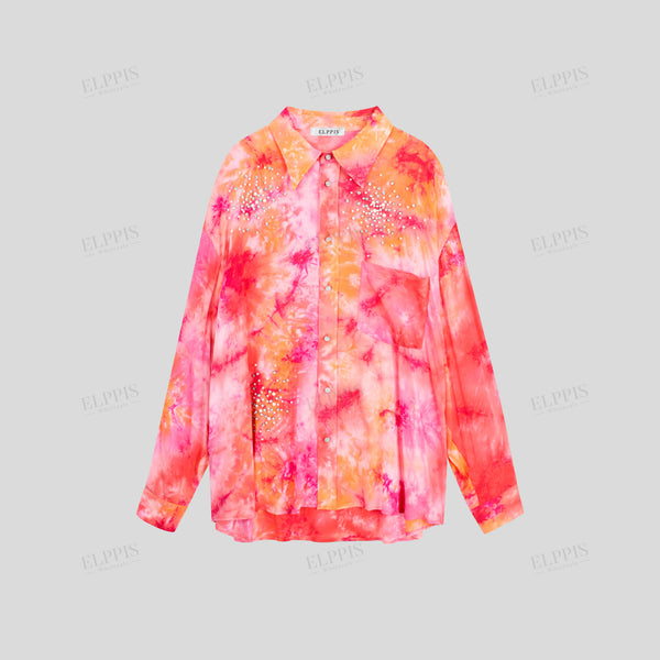 Rayon printed fabric studded straight H-line shirt