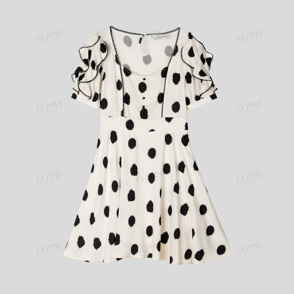 Black Polka Dot Printed Square Neck Pullover Mini Dress