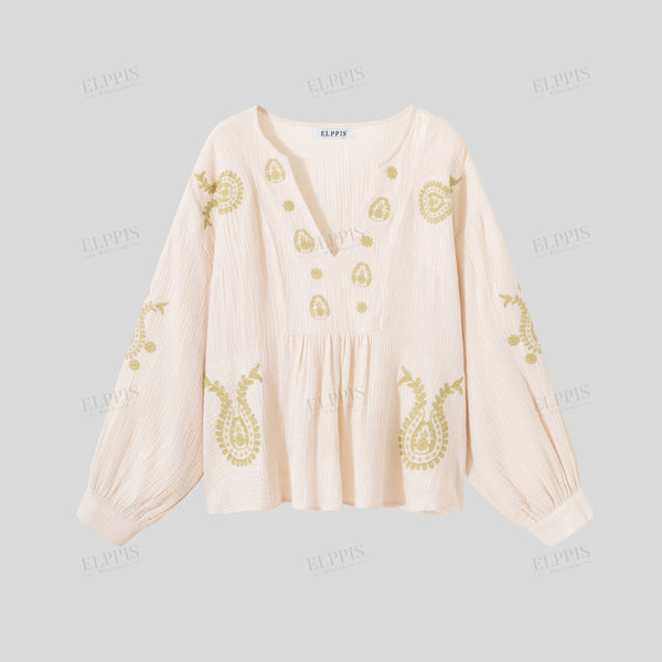 Embroidered cotton H-line long sleeve top