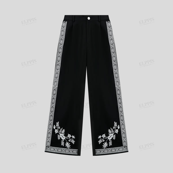 Positioned embroidered pastoral plant floral cotton-linen blend straight-leg pants