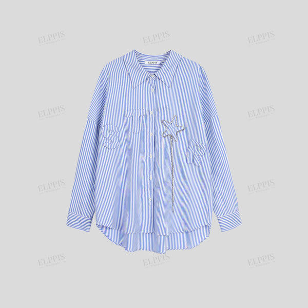 Striped fabric with 3D decorative tassel rhinestone chain long sleeve shirt