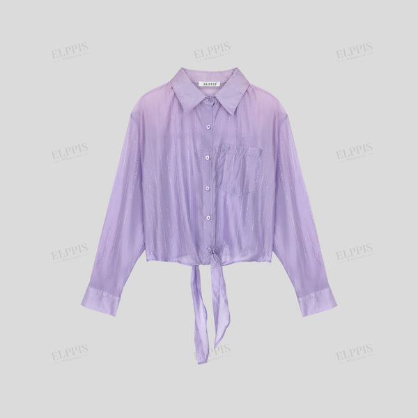 Tencel rhinestone straight H-line long sleeve shirt