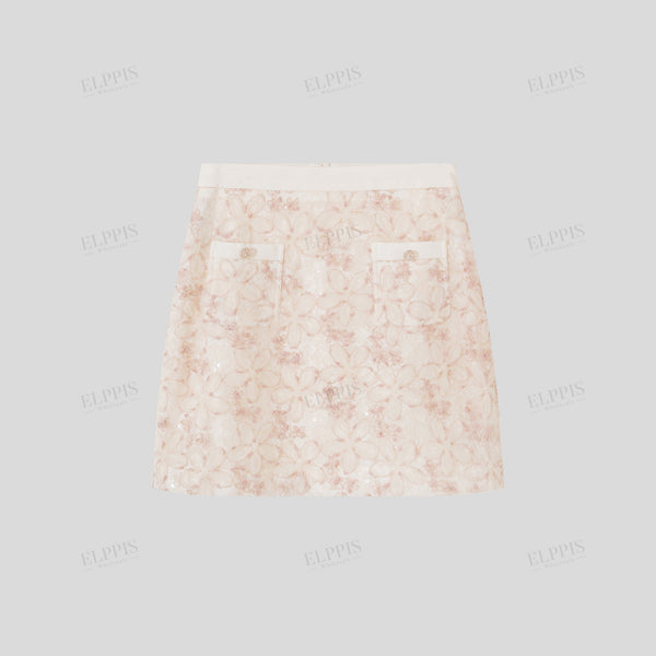 Mesh three-dimensional floral embroidered two-tone A-line cropped skirt