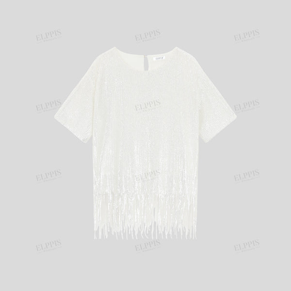 Sequin round neck short sleeve with sequined tassels midi H-line top