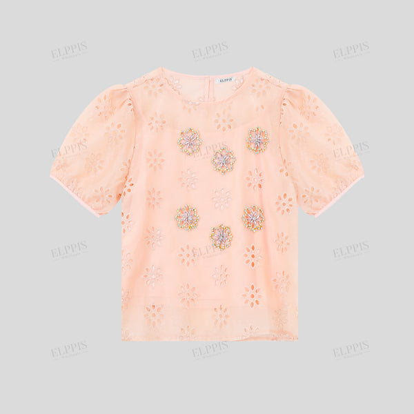 Handmade beaded hollow-out embroidered crop round-neck top