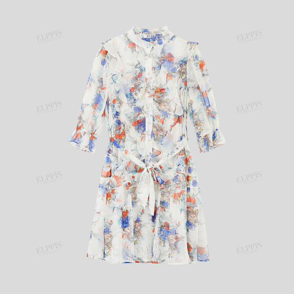 Chiffon digital print three-quarter sleeve stand collar A-line midi dress