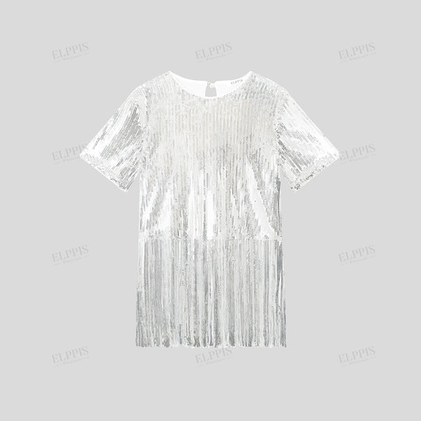 Sequin round neck short sleeve with sequined tassels cropped H-line top