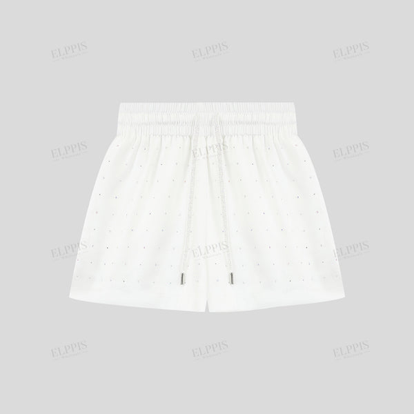 Satin pleated fabric rhinestone-embellished A-line shorts