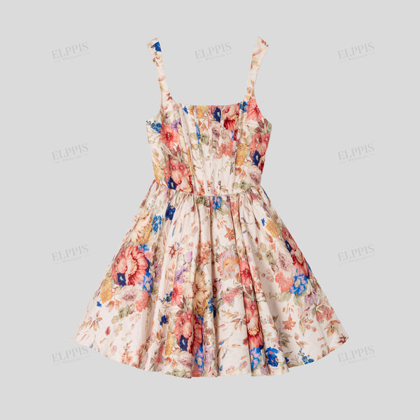 Romantic Vacation Style Printed Linen Camisole Dress