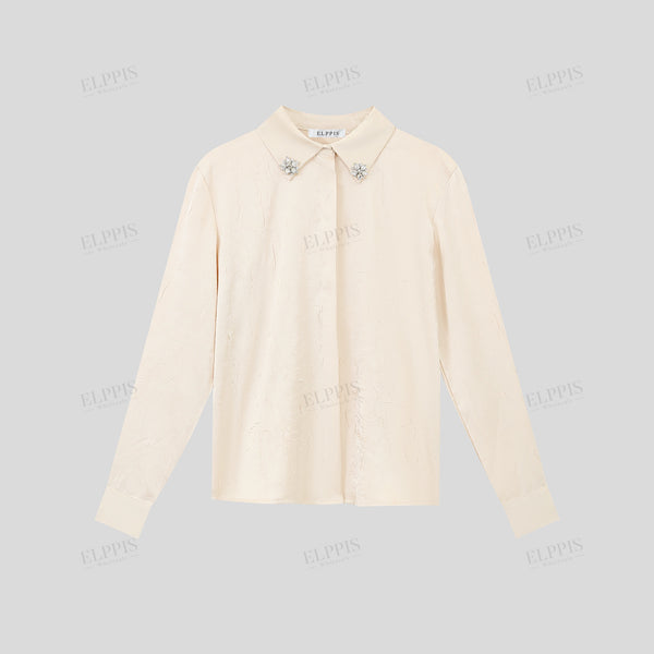 Satin pleated fabric handcrafted beaded long sleeve shirt