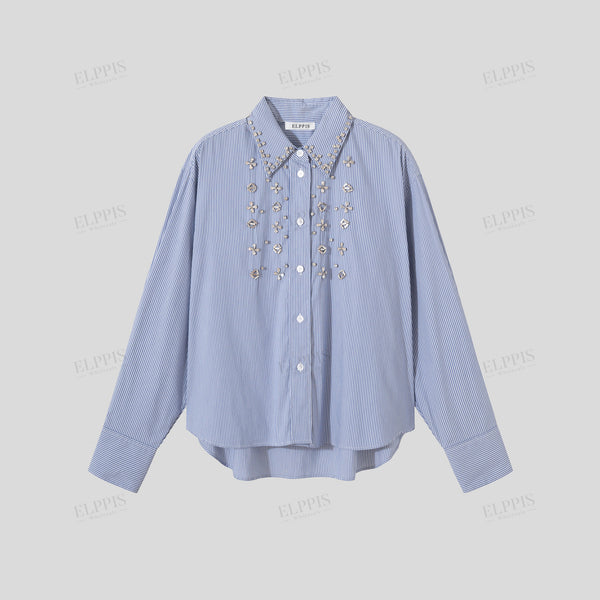 Striped handcrafted beaded long sleeve shirt