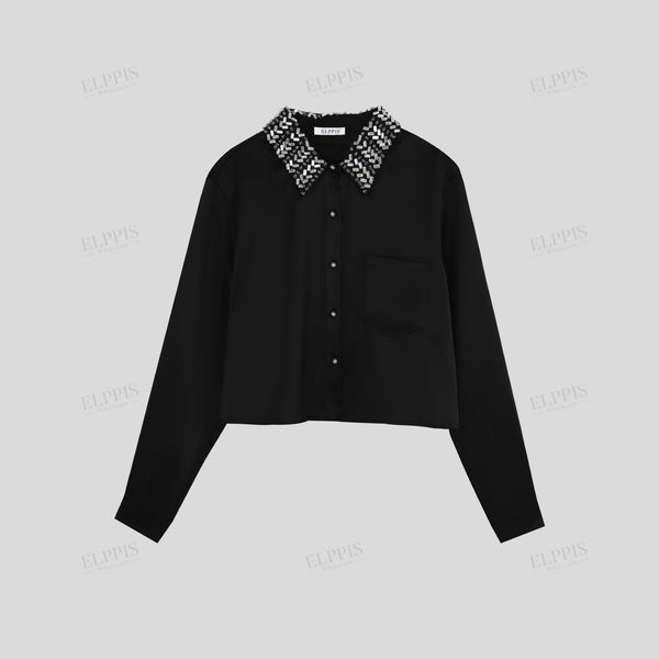 Heavily embellished handmade beaded collar long sleeve cropped shirt