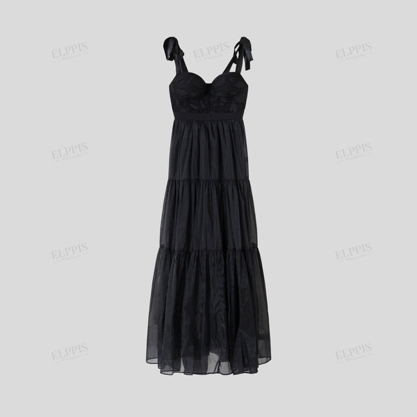 Classic black cup bodice spaghetti strap A-line maxi dress