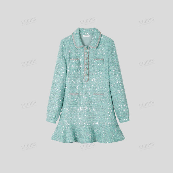 Collared Decorative Button Single-Breasted Long Sleeve Slim Fit Tweed-Style Dress