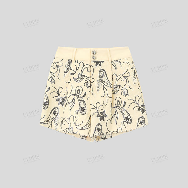 Heavy vintage-style paisley sequin embroidered high-waisted A-line shorts