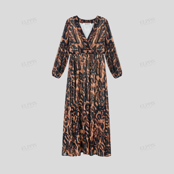 Leopard print chiffon X-line long sleeve maxi dress