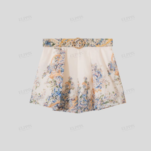 Border  print A-line belted shorts