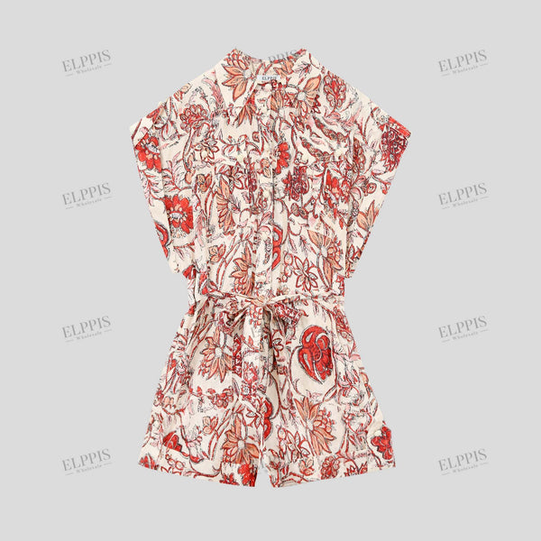 Retro print drop shoulder short sleeve lapel playsuit