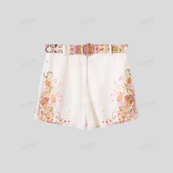 Positioned print belted shorts with patchwork lace trim