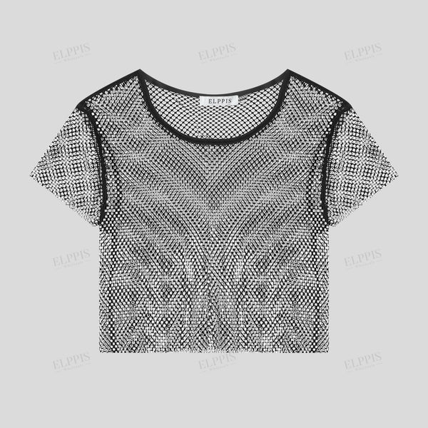 Heavy-duty lace grid rhinestone round neck short T-shirt