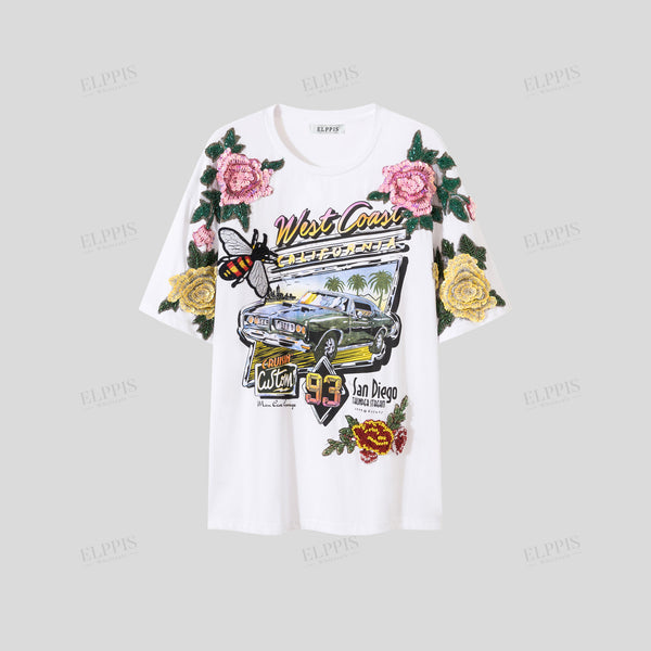 Three-dimensional decorative printed H-line mid-length short sleeve T-shirt