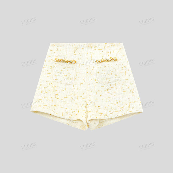 Jacquard sequin-embroidered paneled woven ribbon fitted Chanel-style shorts