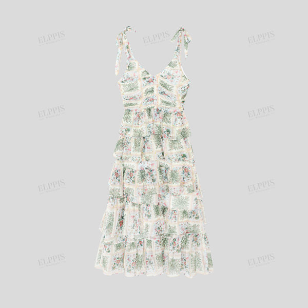 Maxi Dress with Spaghetti Straps and Ruffle Hem Print