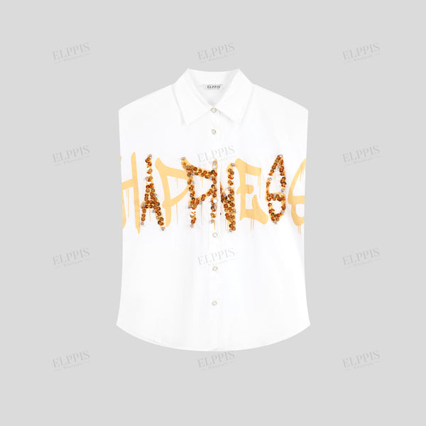 Printed handcrafted beaded straight H-line sleeveless shirt