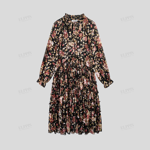 Gold foil chiffon printed loose long sleeve maxi dress