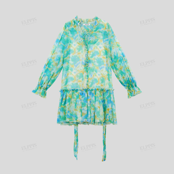 Chiffon digital print stand collar A-line midi long sleeve dress