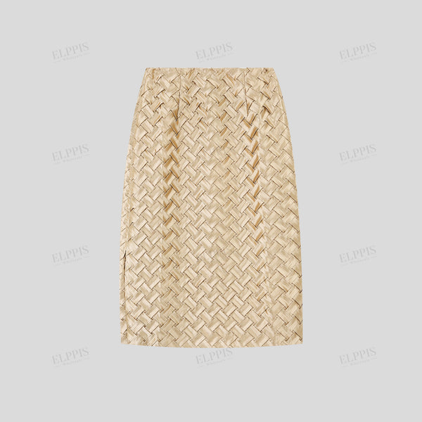 3D diamond pleated slit midi skirt