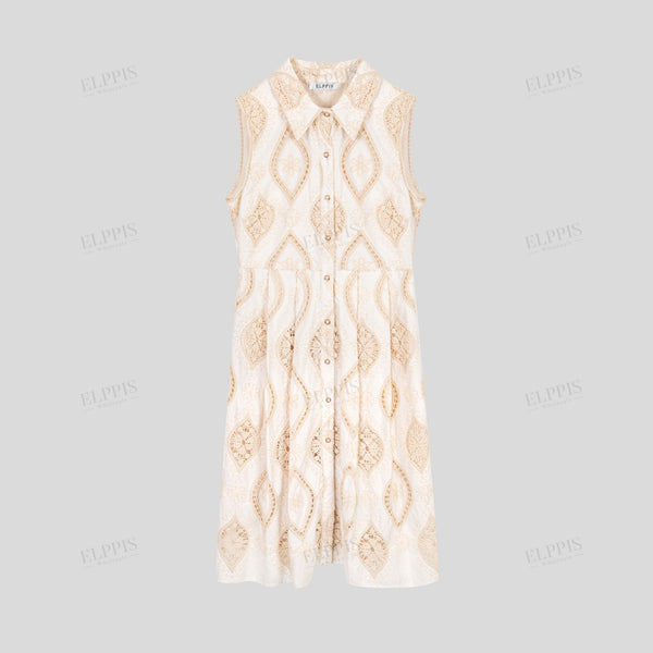 Cotton base lace crochet embroidered sleeveless shirt collar midi dress