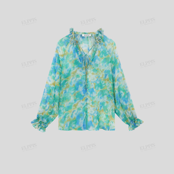 Chiffon digital print raglan long sleeve stand collar loose-fit midi top