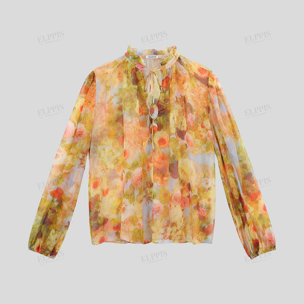 Chiffon digital print burn-out long sleeve stand collar loose midi top