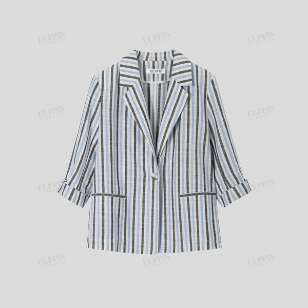 Striped cotton-linen H-line three-quarter sleeve blazer