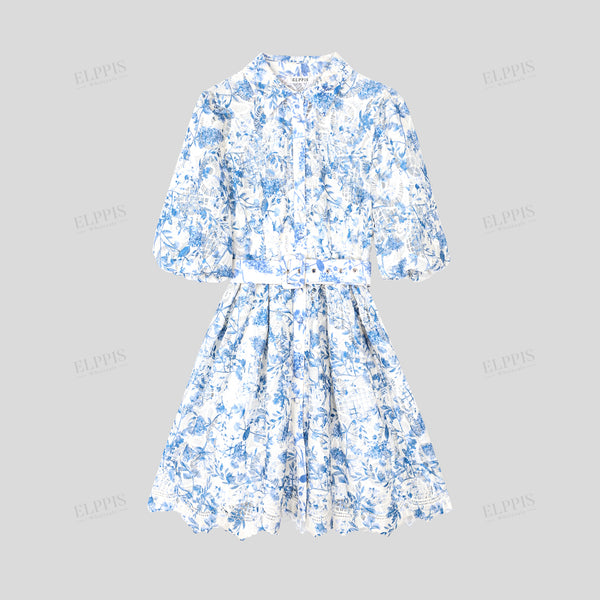 Collared Puff Sleeve Water-Soluble Printed X-Line Midi Dress