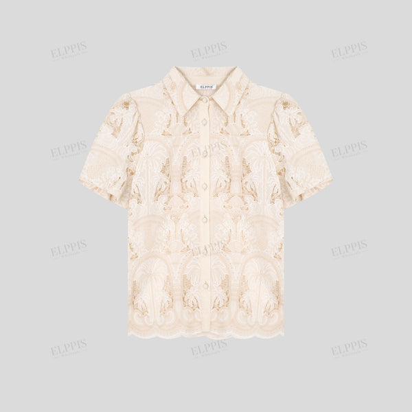 Two-tone cotton base embroidered short sleeve shirt