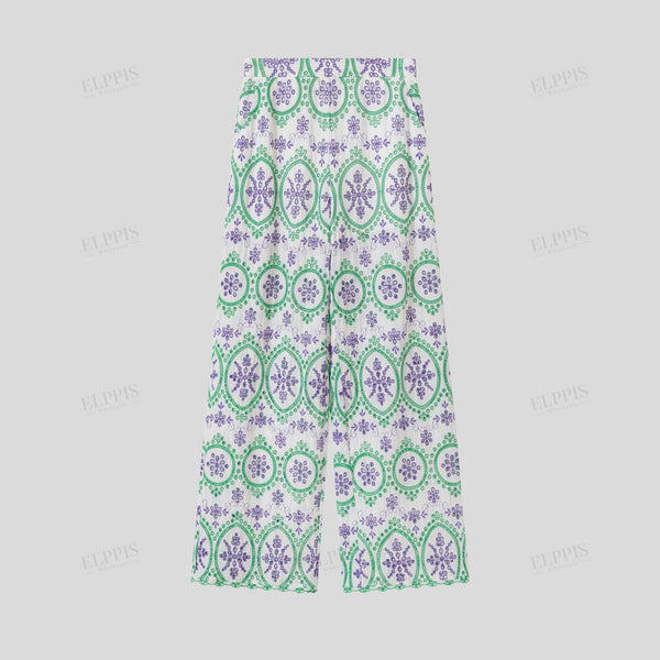 Color-block cotton base embroidered straight-leg trousers